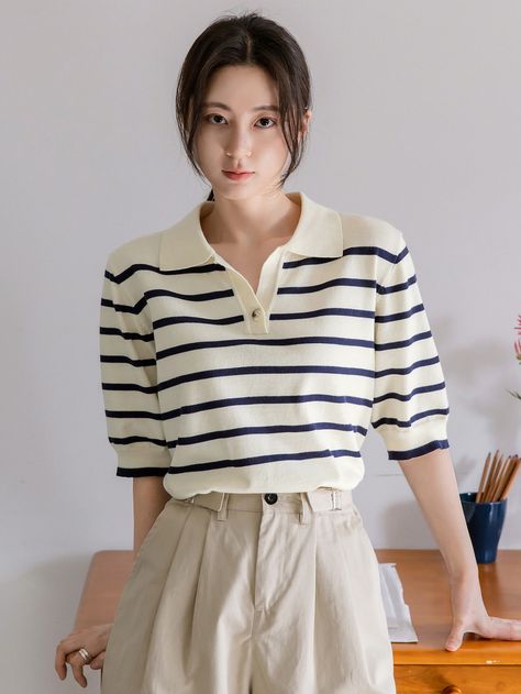 Knitted Polo Shirt Outfit Women's, Half Tops For Women, Polo Collar Tshirt Outfit Women, Striped Polo Shirt Outfit Women, Polo Stripes Outfit Women's, Knit Polo Shirt Women, Stripes Polo Outfit, Polo For Women Outfits, Collar Tshirt Women Outfit