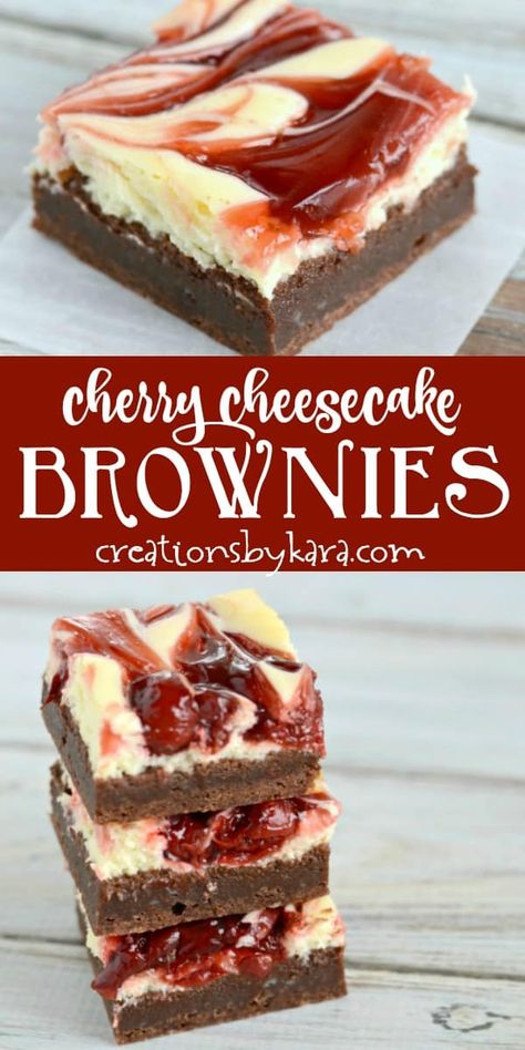 Recipe for Cherry Swirl Cheesecake Brownies - Cheesecake and brownie fans alike will go crazy for these incredible brownies. They are sinfully delicious! You can't go wrong with fudgy brownies, a cheesecake layer, and cherry pie filling. #cherrycheesecakebrownies #cherrycheesecakeswirlbrownies #cherrycheesecake #brownies -from Creations by Kara Cherry Cheesecake Brownies, Diy Cheesecake, Brownies Chewy, Cheesecakes Recipes, Brownies Decorados, Brownies Cheesecake, Recipes Cheesecake, Cheesecake Brownies Recipe, Brownies Cake