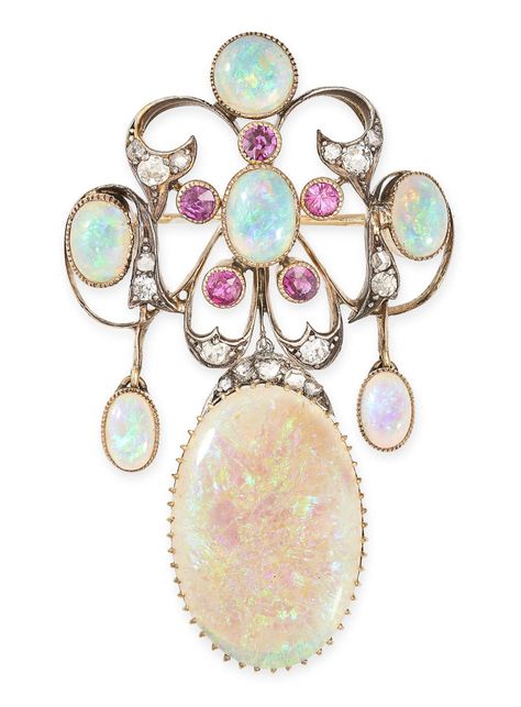 AN ANTIQUE OPAL, RUBY AND DIAMOND BROOCH / PENDANT, 19TH CENTURY Antique Opal Jewelry, Opal Brooch, Diamond Brooch, Diamond Bar, Pearl Brooch, Antique Diamond, Pendant Design, Gorgeous Jewelry, Opal Pendants