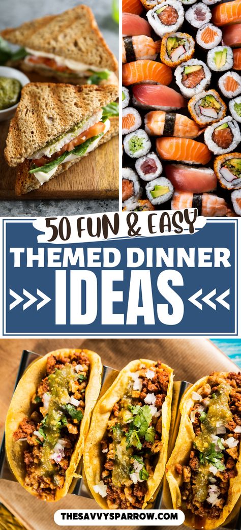 Looking for fun family themed dinner night ideas? Here are over 50 fun and delicious dinner theme night solutions, from sushi, Taco tuesday, to Thai and chili night there is something for everyone! Cute free printable list of dinner theme nights too! Food Theme Nights, Easy Birthday Dinner Ideas Family, Paint Night Food Ideas, Entertaining Dinner Ideas, Meal Theme Ideas, Girls Night Dinners, Themed Dinner Nights Party Ideas, Fun Themed Dinner Ideas, Meal Theme Nights