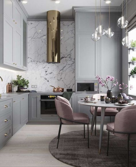 Dining Room Decor Glam, Kitchen Diner Designs, Grey Kitchen Interior, Gold Dining Room, Серая Кухня, Modern Outdoor Kitchen, Grey Kitchen, Room Interior Design, Kitchen Colors