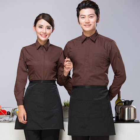 Cafe Waiter Uniform, Cafe Uniform Aesthetic, Waiters Uniform Ideas Restaurants, Cashier Uniform, Cafe Worker Outfit, Server Uniforms, Uniform Cafe, Milk Tea Cake, Waiter Uniform Design