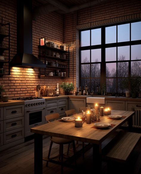 Mansion Interior Kitchen, Warm Kitchen Ideas, Warm Dining Room, Brick Room, 70s Interior, Warm Kitchen, Cosy Kitchen, Cute Apartment, Cosy House