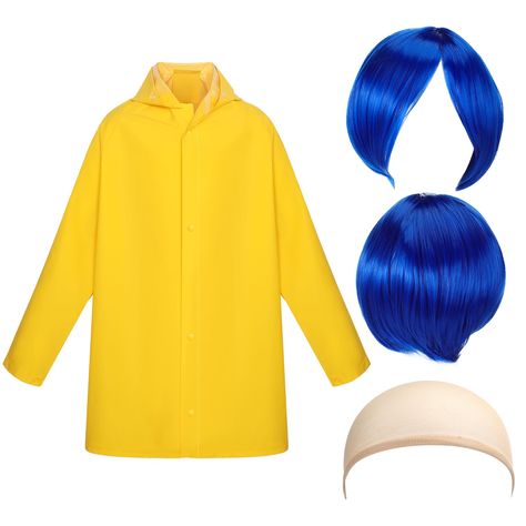 PRICES MAY VARY. Package Includes: you will receive a yellow raincoat, 12 inches/ 30 cm short straight cosplay blue wig, and a hair net in the package; Note: the raincoat has different sizes, please choose according to the size chart Stylish Combination: this yellow raincoat comes with a detachable hood, beautiful and flexible, and can keep out the wind and rain; The blue wig can not only change your image quickly, but also add charm to you and make you stand out from the crowd Material: this ra Short Straight Wig, Faux Hair, Pvc Raincoat, Blue Wig, Yellow Raincoat, Hair Net, Straight Wig, Detachable Hood, Blue Shorts