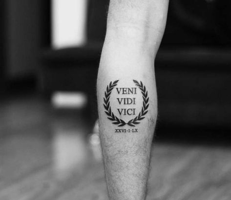 Veni Vidi Vici tattoo by Daniel Bedoya | Post 24168 Veni Vidi Vici Tattoo, Marathon Tattoo, Above Elbow Tattoo, Roman Tattoo, Small Neck Tattoos, Wreath Tattoo, Private Tattoos, Bird Tattoo Wrist, Elbow Tattoos