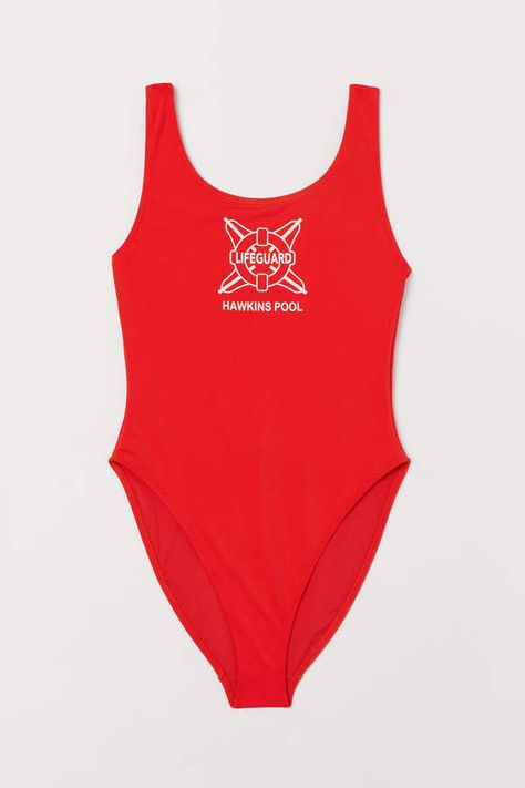 H&M - Printed Swimsuit - Red, hawkins pool swimsuit, stranger things swimsuit Stranger Things Lifeguard, Stranger Things Billy, Lifeguard Costume, Stranger Things Outfit, Stranger Things Costume, Red Swimsuit, Plus Size Swimsuits, Print Swimsuit, Teen Vogue