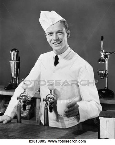 1940S 1950S Smiling Soda Jerk Behind Counter Holding Glass Of Milk View Large Photo Image Soda Jerk, 50s Diner, Ice Cream Man, Vintage Diner, Vintage Ice Cream, Retro Diner, American Diner, Soda Fountain, Cream Soda