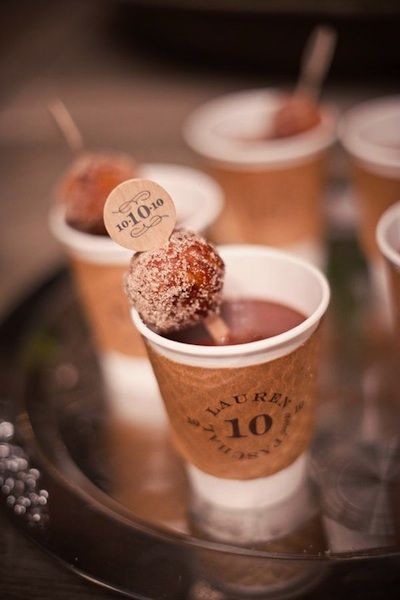 Coffee and Donuts at the reception! Perfect for a chilly evening. Personalized brown cardboard straw accent and cup sleeve contribute the the color scheme and give the drinks an authentic "coffee house" feel. Coffee Bar Wedding, Wedding Donuts, Coffee Wedding, Coffee And Donuts, Donut Holes, Drink Stirrers, Bridal Tea, Chocolate Caliente, Design Management