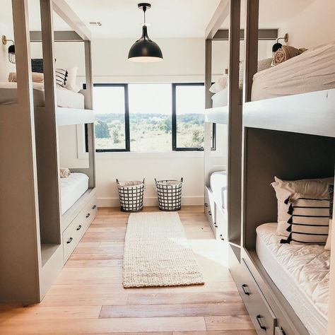 M A D I S O N  V I N I N G on Instagram: “The kids have been sleeping in the bunk room together every night (when we haven’t been in the tornado shelter, that is 😳🌪). When we were…” Kids Bunk Room, Four Bunk Beds, Bunk Room Ideas, Friends Sleepover, Cabin Bunk Beds, Modern Bunk, Custom Bunk Beds, House Bunk Bed, Bunk Beds Built In