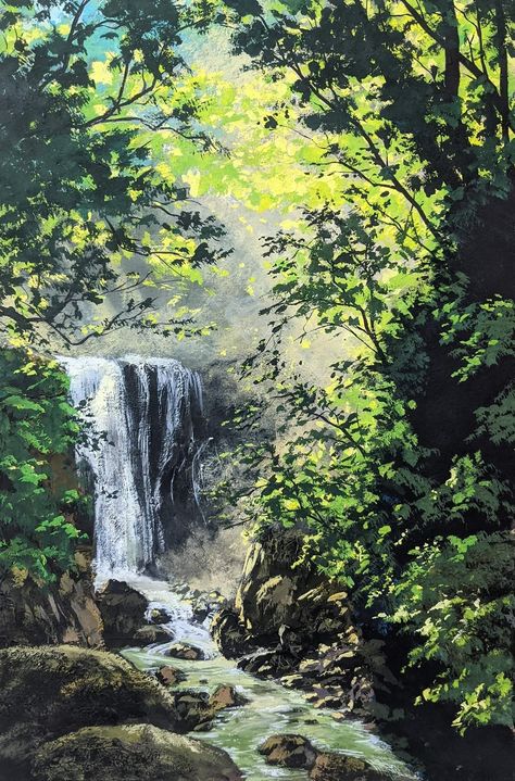 Canvas Painting Ideas Waterfall, Forest Painting Landscape, Oil Painting Waterfall, Painting Ideas Scenery, Acrylic Painting Scenery, Painting Ideas Nature, Scenery Painting Acrylic, Watercolour Scenery, Painting Acrylic Landscape