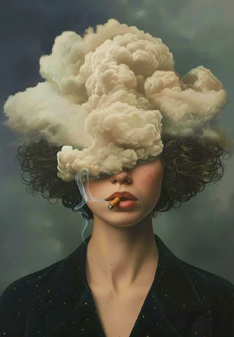 Head In The Clouds Painting, Conceptual Art Graphics, Head In The Clouds Art, Head In The Clouds Drawing, Dream Art Surrealism, Cloud Person, Head In The Clouds Tattoo, Surrealist Portrait, Evocative Art