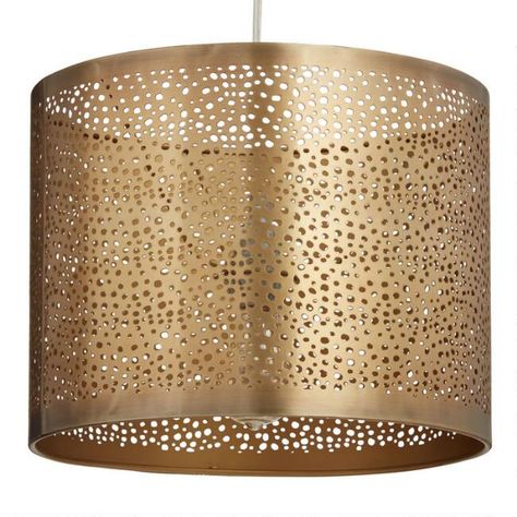 Pierced Antique Brass Drum Table Lamp Shade | World Market Fancy Furniture, Apartment Shopping, Door Overhang, Statement Lamp, Table Lamp Shade, Metal Drum, Table Top Lamps, Office Lamp, Condo Ideas