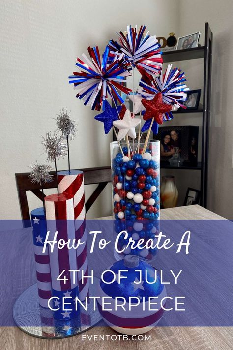 This super simple DIY Fourth of July Centerpiece is perfect for your patriotic party! With just a few supplies and about ten minutes, you can make this red, white and blue centerpiece too! I have a full video tutorial on this blog post for the 4th of July DIY. Check it out! 4th Of July Center Piece Diy, 4th Of July Party Centerpieces, Patriotic Vase Filler Ideas, Elegant Red White And Blue Centerpieces, Fourth Of July Centerpieces Simple, Fourth Of July Centerpiece, Red White Blue Centerpieces Simple, Forth Of July Party Decorations Diy, Patriotic Centerpieces Elegant