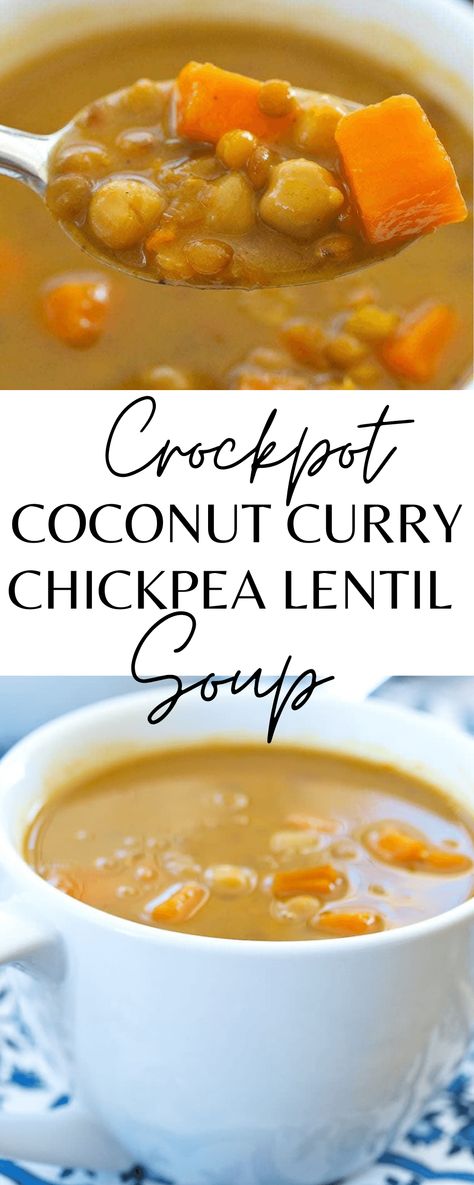 The BEST ever! This Crockpot Coconut Curry Chickpea Lentil Soup is amazing!! A super duper easy slow cooker vegan soup recipe (can also be made on the stove top) has sweet potatoes and the best flavors! MUST TRY. Vegan Soup Crockpot, Curry Soup Vegetarian, Quinoa Soup Vegetarian, Chickpea Curry Soup, Slow Cooker Chickpea Soup, Sweet Potato Lentil Soup Crockpot, Curry Lentil Soup Crockpot, Coconut Curry Chickpea Soup, Macro Friendly Lentil Soup