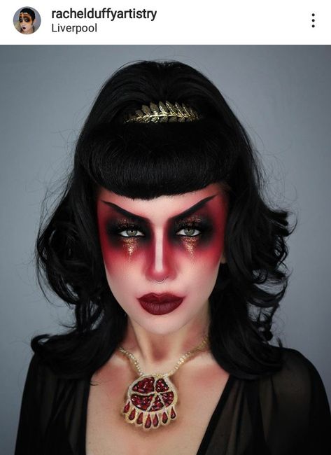 Persephone Makeup, Underworld Goddess, Evil Makeup, Daughter Of Demeter, Black And Red Makeup, Interesting Makeup, Dark Fairy Costume, Demon Makeup, Goddess Of Spring