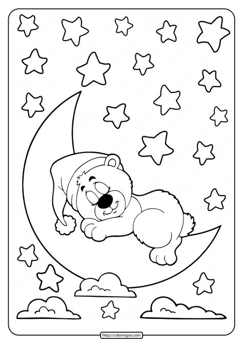 Sleeping Bear on the Moon Coloring Pages. #free #printable #sleeping #bear #moon #animals #coloring #drawing #coloringpages #boys #kids Sleeping Bear Drawing, Care Bear Coloring Pages, Bear On The Moon, Sleeping On The Moon, Teddy Bear Coloring Pages, Moon Coloring Pages, Baby Coloring Pages, Coloring Drawing, Baby Applique