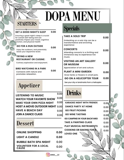 Dopamine Menu Ideas Aesthetic, Dopamenu Ideas, Dopamine Menu Template, Healthy Dopamine, Dopamine Menu Ideas, Anti Burnout, Ipad Templates, Happy Brain, Tiny Habits