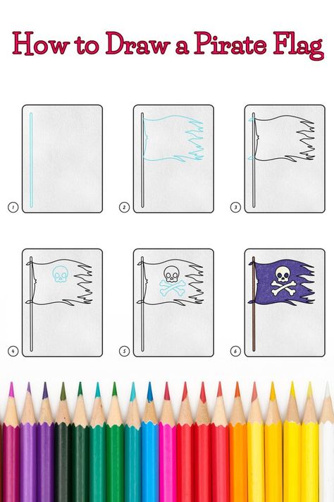 Step by step drawing lesson teaching kids a how to draw a pirate flag Pirate Drawings Easy, Easy Pirate Ship Drawing, Pirate Doodles, Pirate Flag Drawing, Nautical Drawing, Pirate Flag Artwork, Pirate Pictures, Flag Drawing, Doodle Art For Beginners