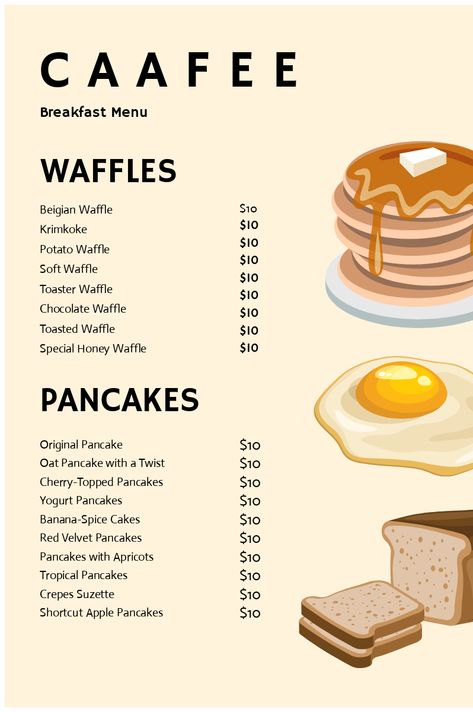 Waffle Menu Board, Menu Design Ideas Bakery, Waffle Menu Design Ideas, Pancake Menu Ideas, Pancake Menu Design, Waffle Menu Ideas, Breakfast Cafe Design, Breakfast Menu Ideas Restaurant, Cafe Breakfast Menu Ideas