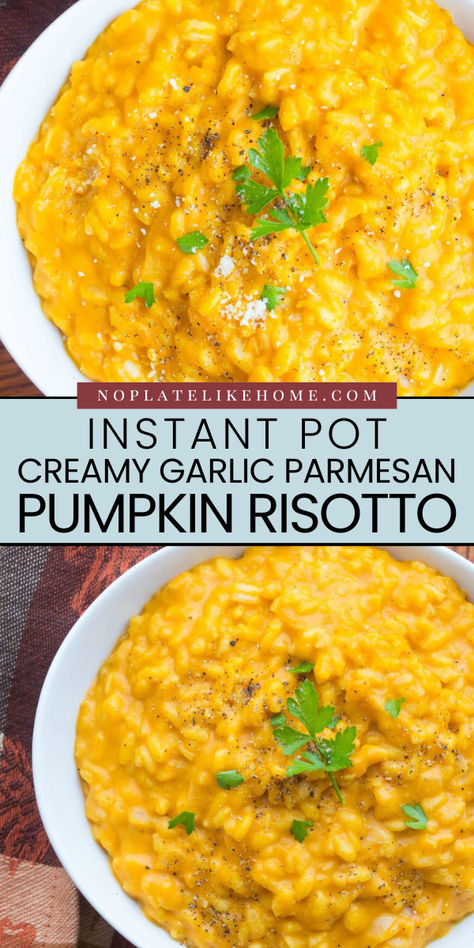 This Instant Pot Creamy Garlic Parmesan Pumpkin Risotto is a great addition to your best comfort food dinner ideas! This simple pasta recipe is creamy and flavorful. It's vegetarian and gluten-free with a Vegan option. Pin this! Comfort Food Dinner Ideas, Food Dinner Ideas, Simple Pasta Recipe, Easy Fall Dinner Recipes, Dinner Vegetarian, Pumpkin Risotto, Savory Pumpkin Recipes, Simple Pasta, Easy Autumn Recipes