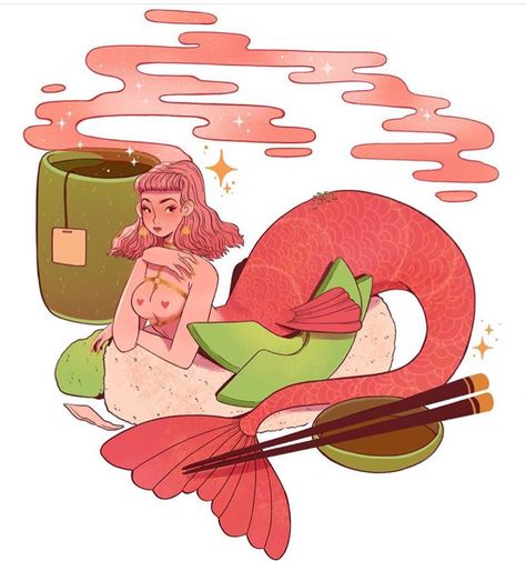 Sushi Mermaid, Tuna Sushi, Pix Art, Everyday Art, Mermaid Art, Pin Up Art, 영감을 주는 캐릭터, Illustration Character Design, Funky Art