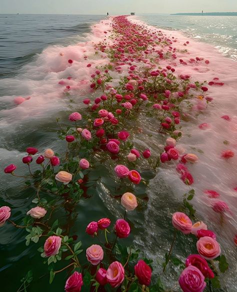 Rose Floating In Water, Roses In The Ocean, Roses Flower Aesthetic, Roses On The Beach, Roses In Water, Rose Field, Flowers In Water, Pretty Flowers Pictures, Money Flowers