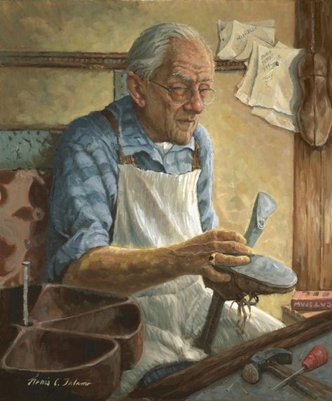 THE SHOE COBBLER, BY LOU TALAMO Shoe Cobbler, Painting Competition, Artwork Images, How To Make Shoes, Online Painting, Artist Websites, Every Month, The Elf, Cobbler