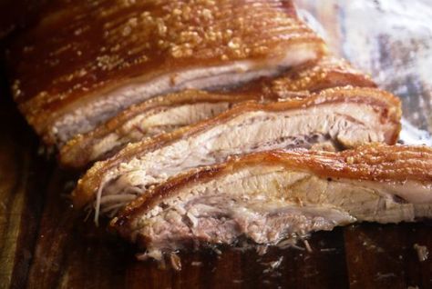 Slow Roasted Pork Belly - a Julie Goodwin recipe Pork Belly Recipe Oven, Pork Belly Oven, Slow Roasted Pork Belly, Slow Cooker Pork Belly, Roasted Pork Belly Recipe, Pork Belly Roast, Roasted Pork Belly, Christmas Roast, Slow Cooked Pork