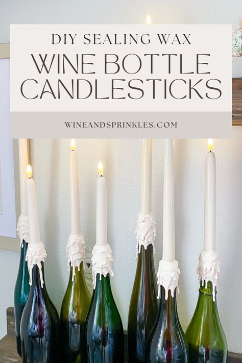 How to make wine bottle candle holder centerpieces with dripping wax LED taper candles using sealing wax, wine bottles, and air dry clay for party table centerpieces for weddings, celebrations and other events. Wine Bottle Melted Candle, Wine Bottle Candle Holders Diy, Table Centerpieces For Weddings, Wine Bottle Candle Holders, Wine Bottle Candle Centerpiece, Diy Taper Candles, Diy Candle Stick Holder, How To Make Wine, Wine Bottle Candle Holder