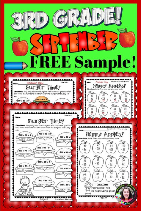 Please enjoy these two FREE sample pages (with answer keys) from the resource, 3rd Grade Math for September!  ★★★What teachers are saying about this resource:   ✎"I love the extra addition/subtraction practice and the fantastic graphics! Like others have said the apple activity is great :)"  #3rdgrade, #FREE, #math, #summerreview, #earlyfinishers, #backtoschool, #2ndgrade, #4thgrade, #assessment, #review, #morningwork, #homework 3rd Grade Worksheets, September Activities, Free Math Resources, Addition And Subtraction Practice, Subtraction Practice, Apple Activities, Learning Printables, Free Teaching Resources, Early Finishers