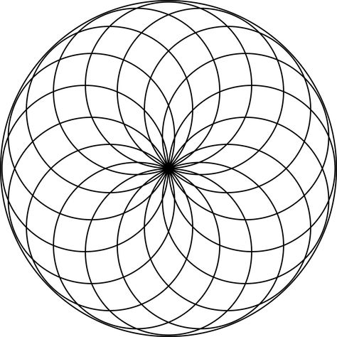 Circular rosette with 16 petals in a circle. It is made by rotating circles about a fixed point. The radii of the smaller circles is equal to the distance between the point of rotation and the center of the circle. Thus, the circles meet in the center of the larger circle. Sacred Geometry Patterns, Sacred Geometry Art, Mandalas Painting, Mandala Design Pattern, Geometric Drawing, Geometry Pattern, Geometry Art, Decorative Borders, Geometric Circle