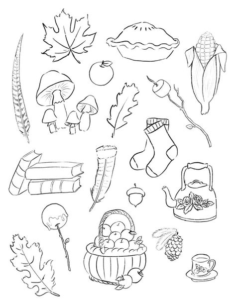 Instant Download.  Autumn Printable Stickers or coloring page. Coloring Stickers Printables, Easy Fall Sketches, Autumn Doodle Art, Fall Outline Drawings, Cute Fall Sketches, Fall Doodles Aesthetic, Sticker Coloring Pages, Aesthetic Fall Coloring Pages, Free Autumn Coloring Pages