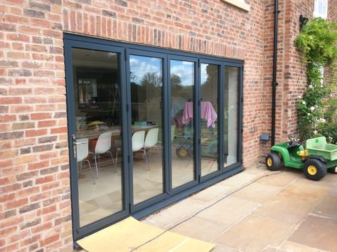 Grey Window Frames, Folding Patio Doors, Garden Room Extensions, Grey Windows, French Doors Exterior, Room Extensions, House Extension Design, Window Color, Sliding Patio Doors