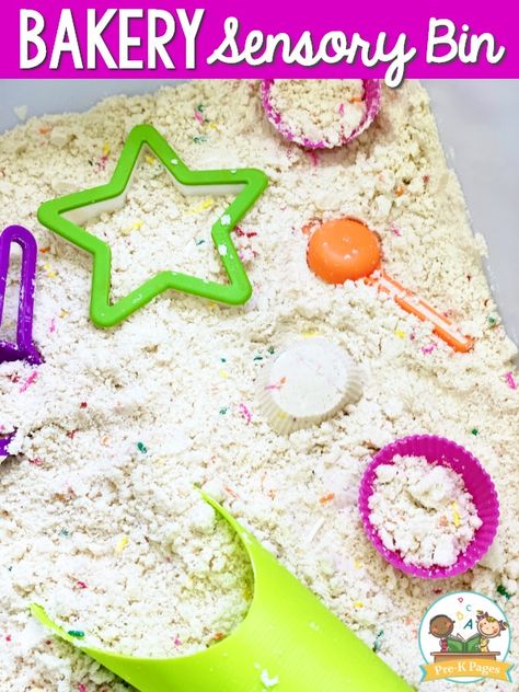 Preschool Community Helpers Sensory Bin, Sensory Bins Community Helpers, Cooking Experience Preschool, Cake Mix Sensory Bin, Bakery Crafts For Preschool, Bakery Shop Preschool Theme, Grocery Store Sensory Bin, Baking For Preschoolers, Chef Theme Preschool Activities