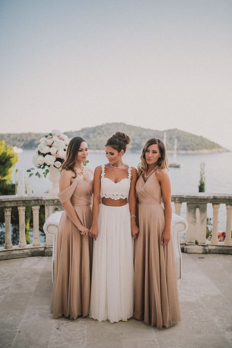 Pretty beige bridesmaids dress and two-piece bride wedding dress for a romantic wedding in Dubrovnik, Croatia! Abroad Bridesmaid Dresses, Two Bridesmaids, Rustic Wedding Bridesmaid Dresses Creamy Tanish, Dubrovnik Wedding, Neautral Brown Bridesmaid Dress, Villa Rose Dubrovnik Wedding, Beige Bridesmaid Dress, Beige Bridesmaids, Croatia Wedding