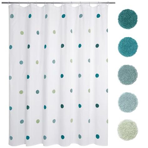 Allure Home Creation Dots Fabric Shower Curtain Pom Poms on White (Teal) Teal Shower Curtains, Kids Bathroom Accessories, Bathroom Ambiance, Kids Shower Curtain, Tidy Bathroom, Modern Shower Curtains, White Shower Curtain, White Shower, Bath Accessories Set