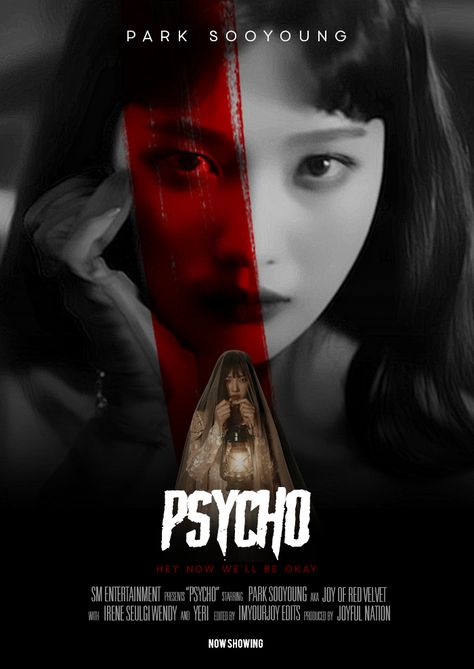 An edit of Red Velvet's Joy (Park Sooyoung) for a Psycho poster Kpop Kdrama Poster Edit, Kpop Drama Poster Edit, Red Velvet Poster Edit, Kpop Movie Poster Edit, Kpop Movie Poster, Movie Poster Edit, Netflix Poster, Poster Edit, Wattpad Book Covers