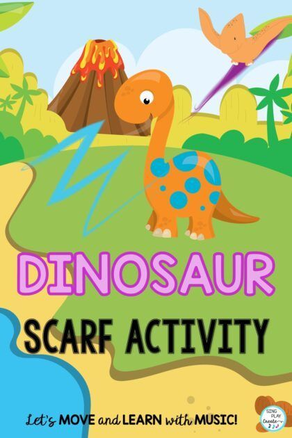 Dinosaur fun scarf activity for preschool and music and movement classes. Dinosaur Songs For Preschool, Dinosaur Scarf, Preschool Movement Activities, Kindergarten Music Lessons, Dinosaur Songs, Movement Preschool, Preschool Music Activities, Music For Toddlers, Kindergarten Music