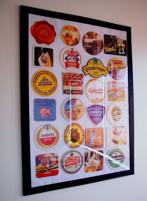 Beer Mat Display, Beer Coaster Art, Ceiling Tiles Art, How To Brew Beer, Coaster Collection, Making Beer, Coaster Projects, Beer Top, Home Brewing Equipment