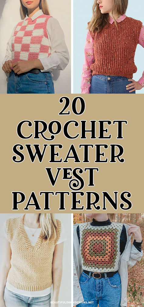 Are you ready to add a new layer of cozy to your wardrobe? You’ll love these trendy crochet sweater vest patterns. Granny square crochet vest, easy crochet vest and more. Granny Square Sweater Vest Crochet Pattern Free, Crochet Pullover Vest, Crochet Vest Patterns Free For Women, Crocheted Sweater Vest, Crochet Vest Top Pattern Free, Sweater Vest Pattern Crochet, Crochet Sweater Vest Tutorial, Granny Square Sweater Vest Pattern, Easy Crochet Vest Pattern Free For Women