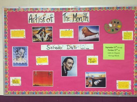 Salvador Dali artist of the month bulletin board Artist Of The Month Bulletin Board, Preschool Displays, Art Elementary, Artist Of The Month, Art Classroom Decor, Board Display, Bulletin Board Display, Heritage Month, Salvador Dali