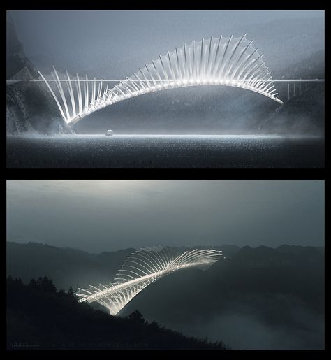 Flying Fish Bridge | Fish dorsal fin structure, over 1000 meter long Bridge concept project. Xray / facade view by Sako Tchilingirian Bridge Concept Art, Bridge Concept, Bridges Architecture, Urban Spaces Design, Structural Model, Bridge Structure, Airport Design, Flying Fish, Skyscraper Architecture