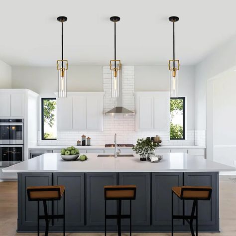 Black And Gold Kitchen Lighting, Gold Kitchen Lighting, Simple Kitchen Island, Black And Gold Kitchen, Condo Kitchen, Kitchen Island Decor, Kitchen Island Linear Pendant, Farmhouse Pendant Lighting, Kitchen Ceiling