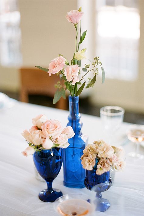 White Flower Boutonniere, May Wedding Colors, Pink Flower Centerpieces, Pink And Blue Wedding, Royal Blue Bridesmaids, Blue Wedding Centerpieces, Blue Vases, Pink Centerpieces, Pink Flower Bouquet