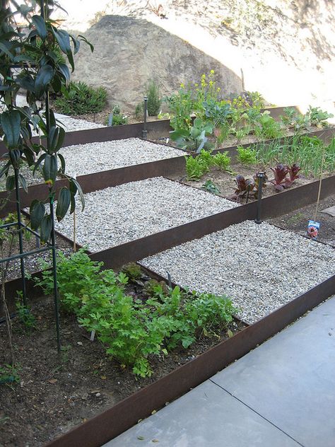 Corten Steel Stairs, Gravel Front Garden Ideas, Corten Planter, Terrace Planters, Terraced Landscaping, Landscape Stairs, Garden Stairs, Hillside Landscaping, Sloped Garden