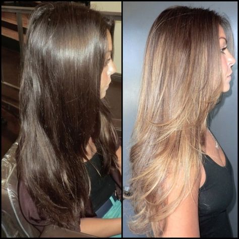 Before and after, dark brown to caramel high lights Dark Brown Hair Dye, Ombre Dark, Grey Hair Dye, Brown Hair Shades, Brown Hair Dye, Diy Ombre, Hair Diy, Brown Blonde Hair, Hair Color And Cut