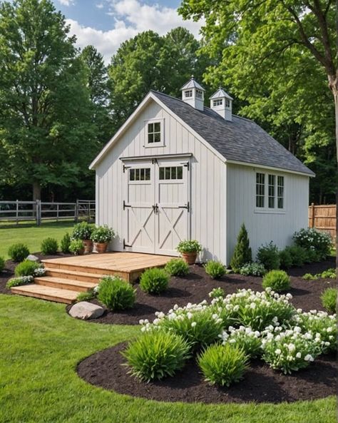 20 Cute Shed Ideas For Your Backyard – ToolzView Shed Flower Beds, Backyard With Shed Layout, Two Sheds In Backyard, White Shed Ideas, Garden Shed Landscaping Ideas, Large Sheds Ideas Backyard, Cute Shed Ideas, Cute Shed, Studio Sheds