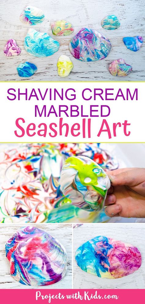 Kids will love to make this fun shaving cream marbled seashell art to decorate their beach finds this summer! A super easy summer craft for kids of all ages. #summercrafts #beachcrafts #shellcrafts #projectswithkids Beachy Crafts For Kids, Summer Crafts For School Age Kids, 20 Minute Crafts For Kids, June Activities For Seniors, Summer Crafts For Seniors, Summer Art Projects For Kids, Seashells Art, Beach Crafts For Kids, Afterschool Program