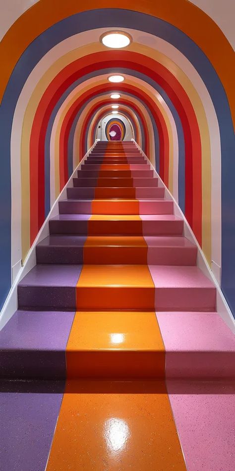 The image shows a staircase with rainbow-colored steps. The steps are painted in different colors, with the colors repeating in a pattern ->> more details in ai-img-gen.com Colorful Staircase, Painted Staircases, Top Of The Stairs, Dream Apartment Decor, Liminal Space, There Is A Light, Ace Of Hearts, The Staircase, Stairway To Heaven