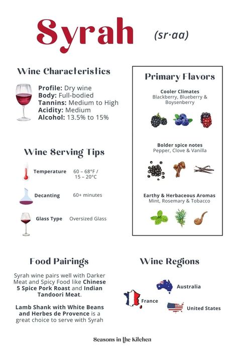 Discover Syrah’s bold flavors, perfect pairings, and top regions. This guide is a must-read for red wine lovers! Pop over to our site to learn more! Wine For Beginners, Syrah Wine, Shiraz Wine, Wine Chart, Merlot Wine, Dry Wine, Food Pairing, Serving Wine, Wine Guide